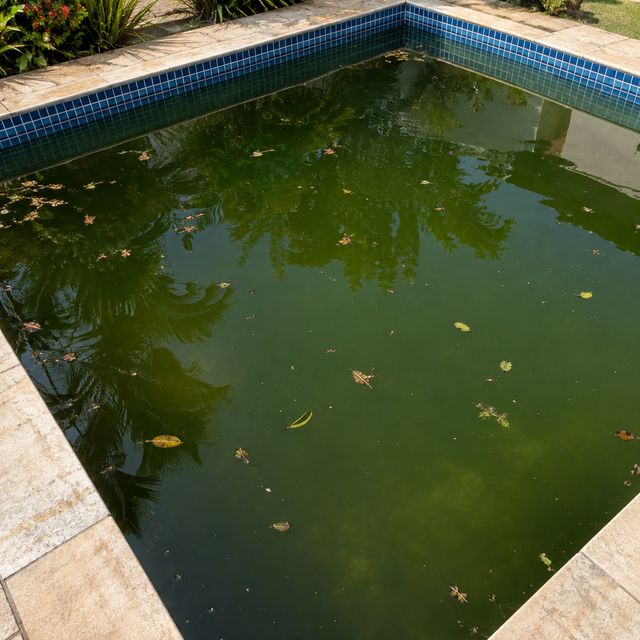 Piscina com água verde-escura e folhas