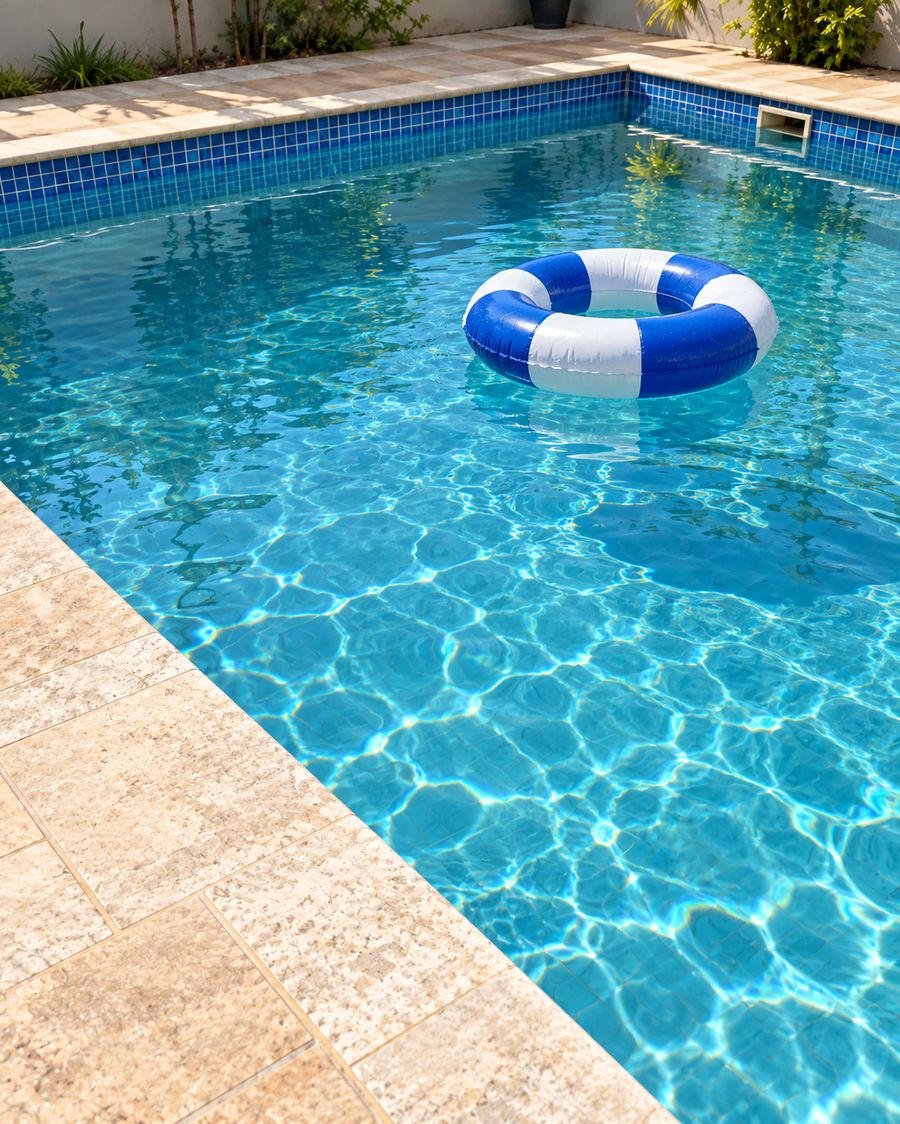 Piscina com água azul cristalina e boia